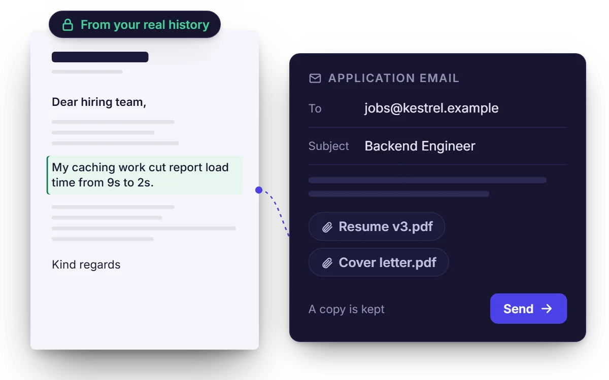 A cover letter written from your actual experience, attached with the tailored resume to an application email ready to send.