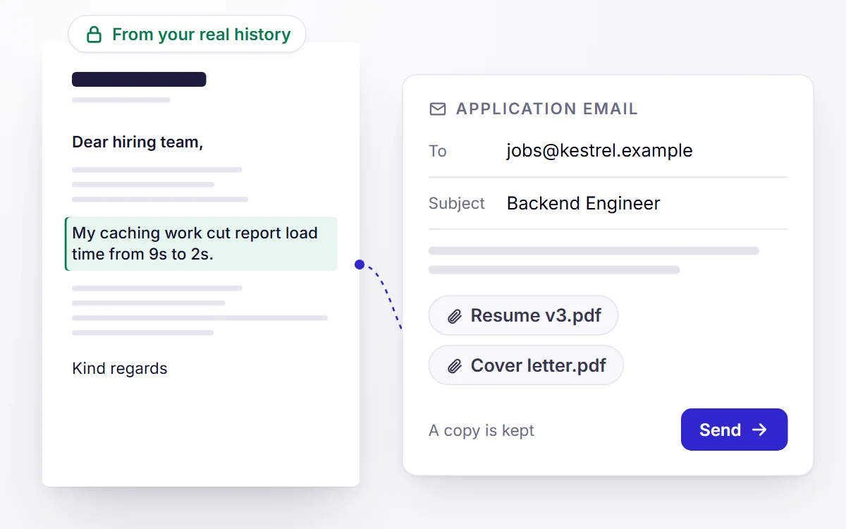 A cover letter written from your actual experience, attached with the tailored resume to an application email ready to send.