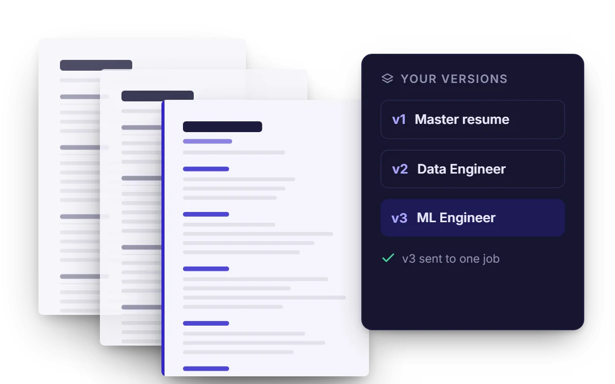 Three resume versions stacked together — the master, one for a data role and one for a machine learning role, which was sent.