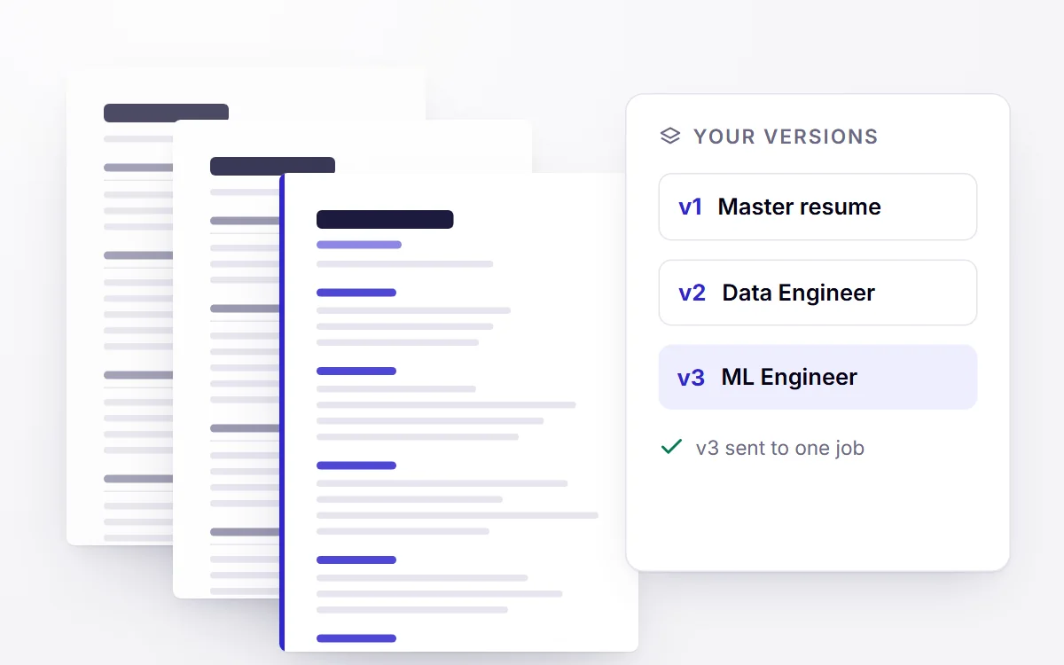 Three resume versions stacked together — the master, one for a data role and one for a machine learning role, which was sent.